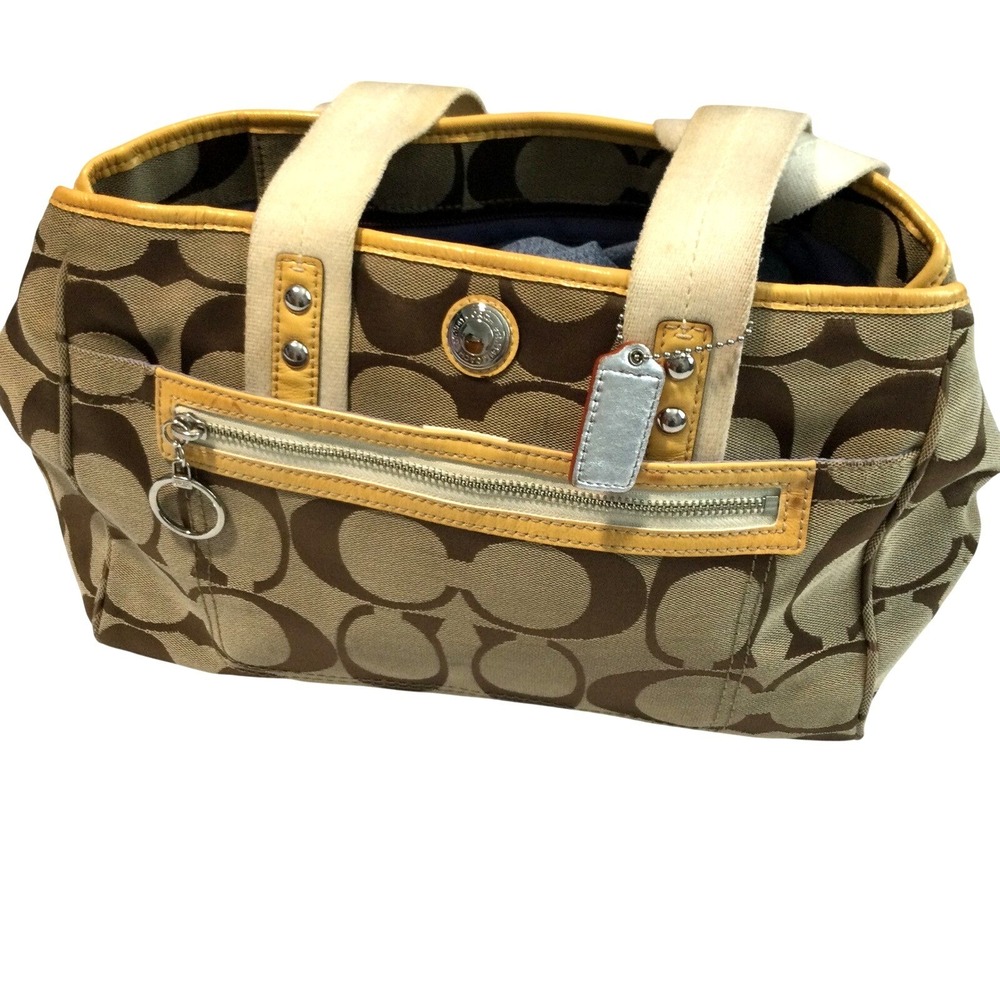 Coach Signature Hampton Tote Brown Tan Canvas Yellow Leather Trim F14878